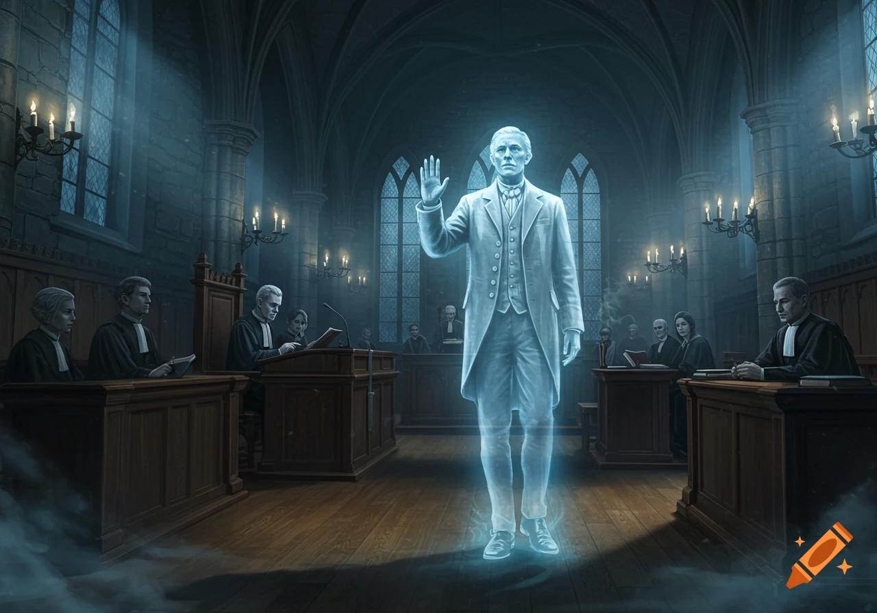 A luminous blue ghost, in a suit, stands and raises its hand in a dark, gothic courtroom while other figures in robes sit at desks.