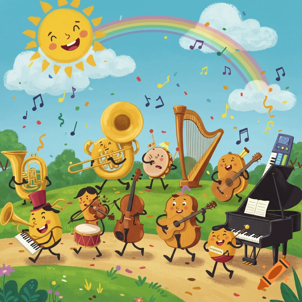 Cheerful cartoon musical instruments in a parade, playing music under a sunny sky with a rainbow, confetti, and floating notes.