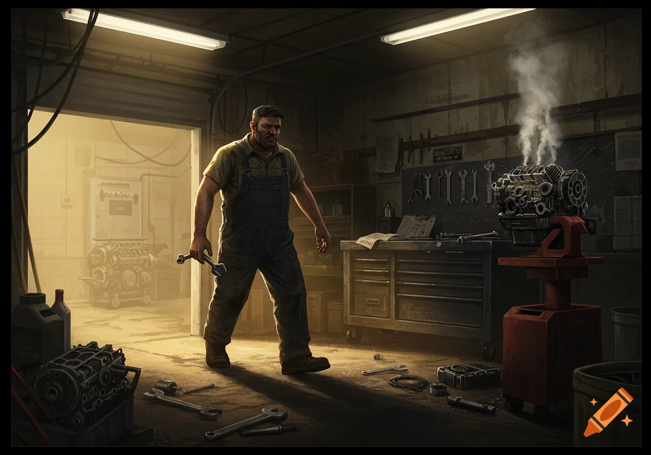 A muscular mechanic in overalls holds a wrench, looking at a steaming engine in a dimly lit garage.