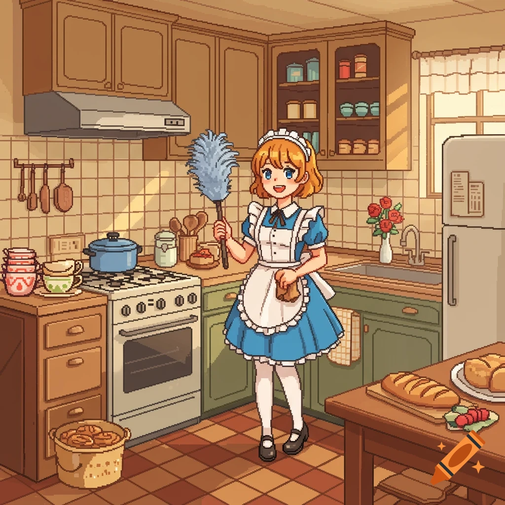 A pixel art style image of an anime-style maid holding a duster in a detailed kitchen.
