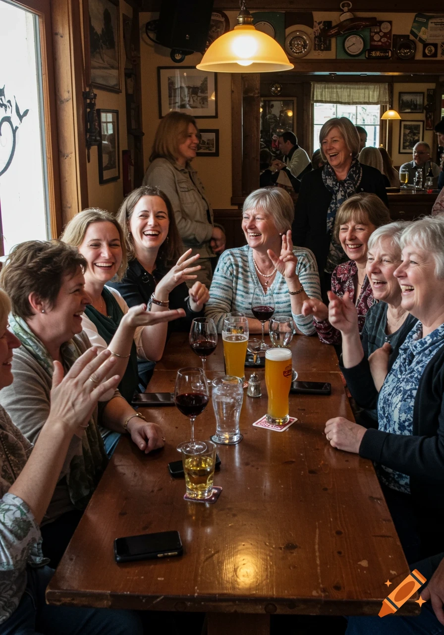A group of women of various ages laughing and talking around a wooden table in a warmly lit restaurant, with drinks.