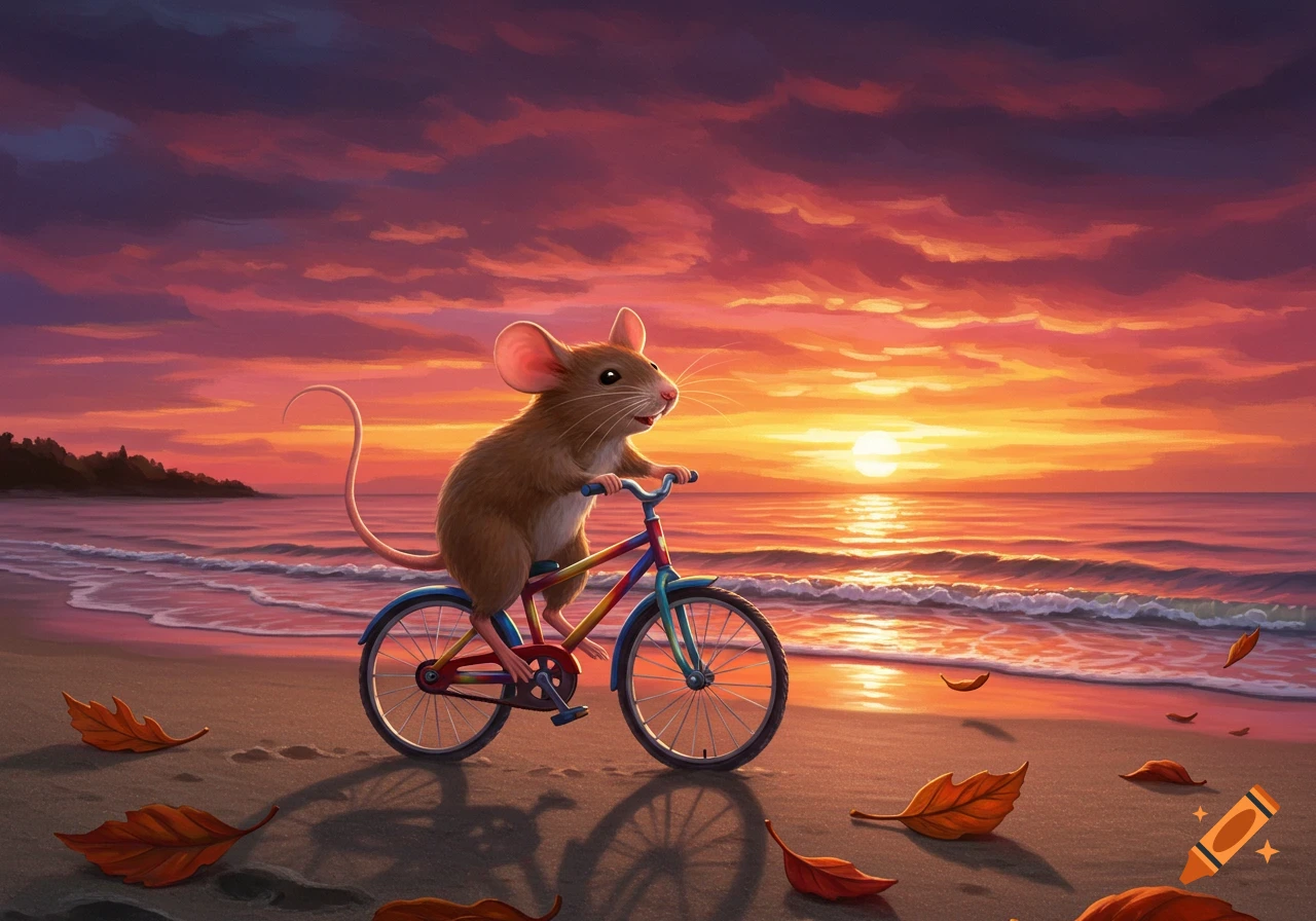 Mouse Ride Sign An illustrated mouse rides a colorful bicycle on a sandy beach at ...