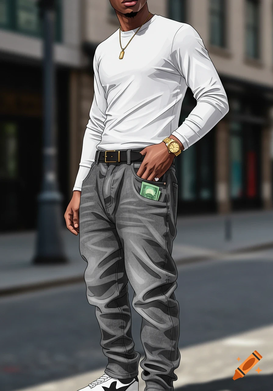 An illustration of a man in streetwear, wearing a white long-sleeve shirt, grey oversized jeans, gold accessories, and money in his pocket.