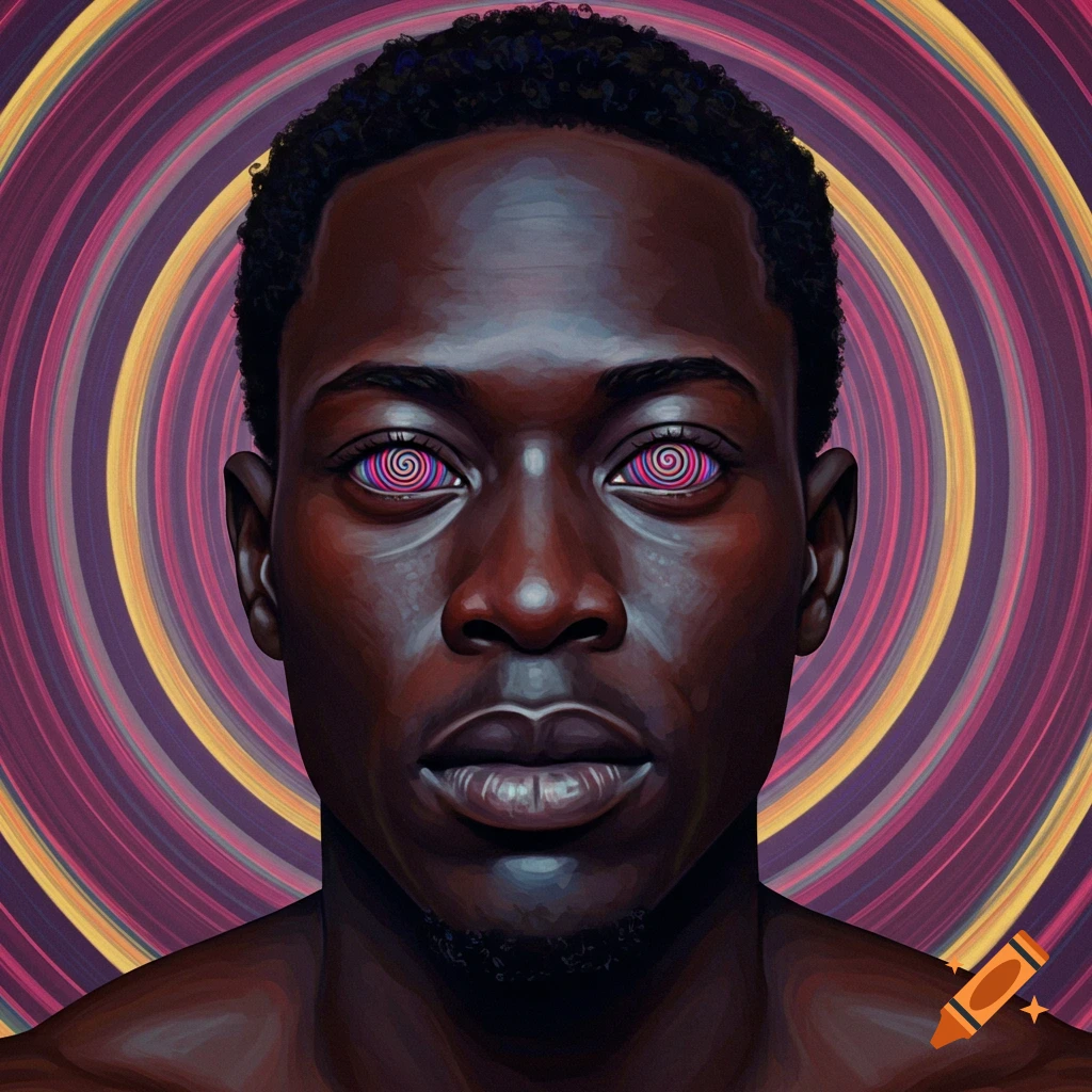 A stylized portrait of a man with dark skin and swirly, hypnotic pink and purple eyes against a vibrant spiraling background.