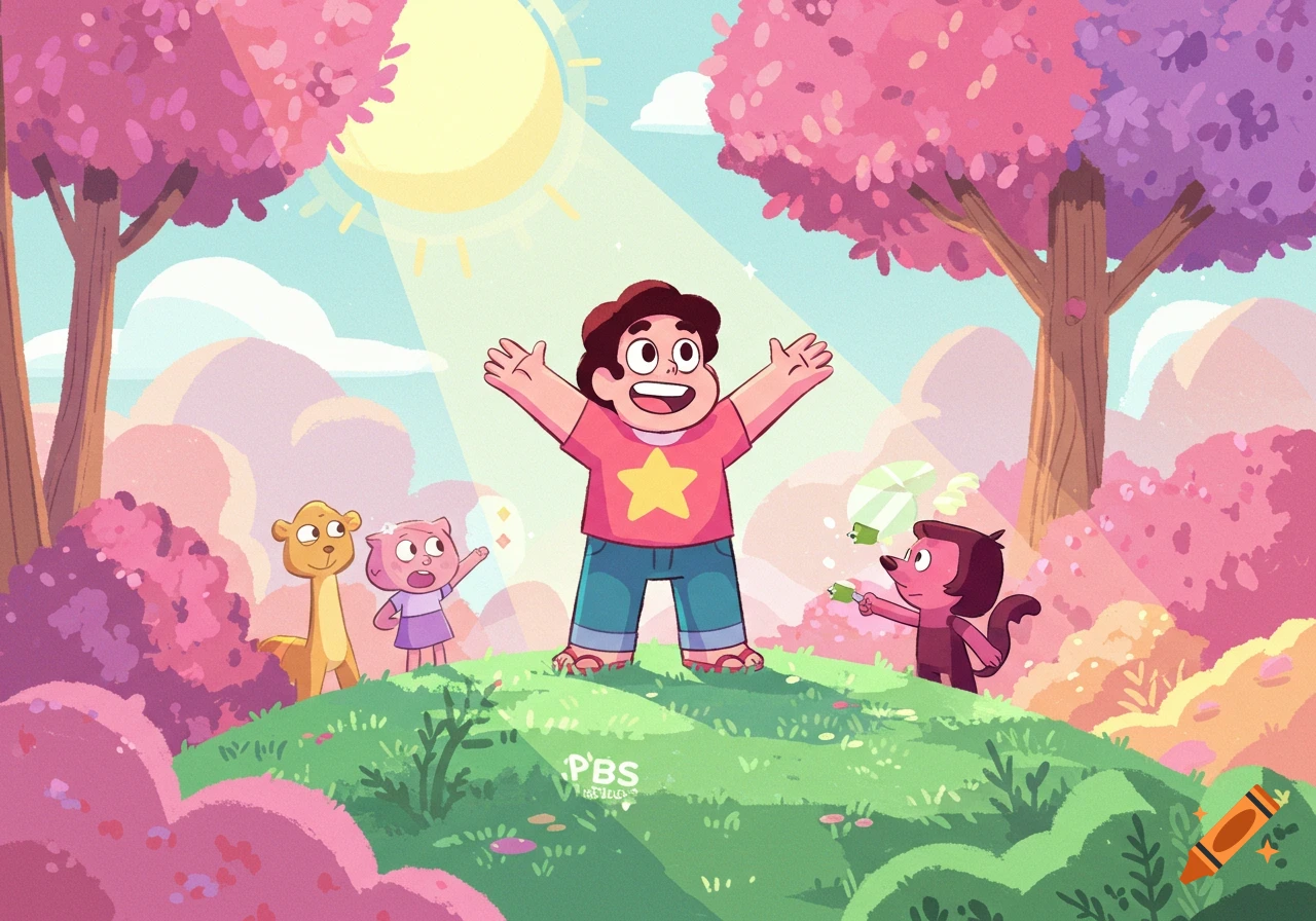 Steven Universe stands with arms wide open on a green hill, surrounded by vibrant pink and purple trees under a bright sun. Two small cartoon animals look on, and a third, dark brown animal shoots water from a toy gun.