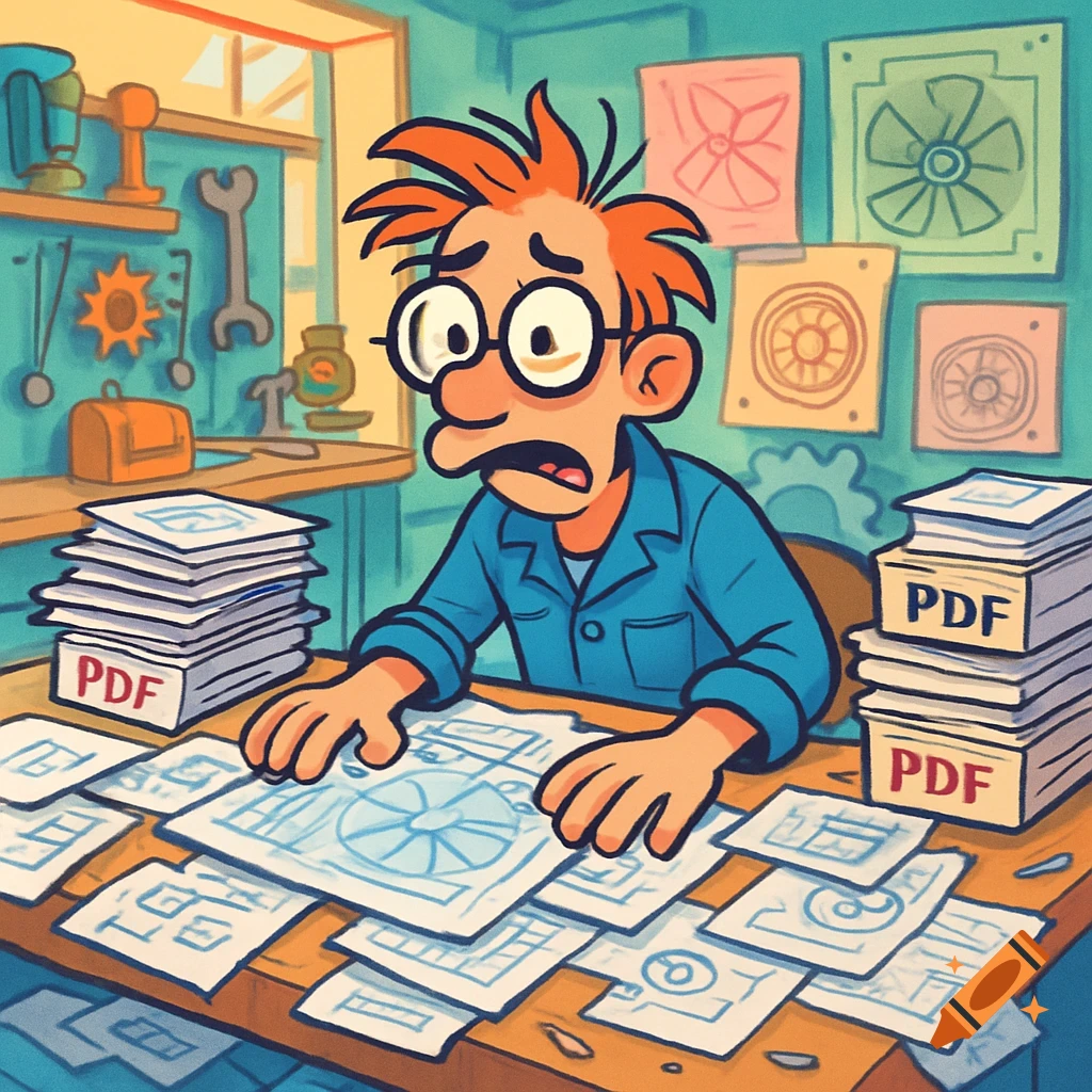 A stressed cartoon engineer with red hair and glasses sits at a messy desk covered in blueprints and stacks of PDF documents.