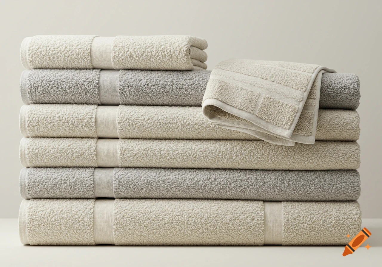 A stack of folded beige and light grey terrycloth towels on a neutral background, with one additional beige towel on top.