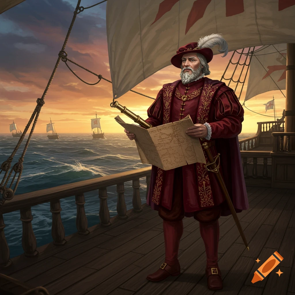 A bearded man in red historical attire holds a map and telescope on a wooden ship at sunset, with other ships in the distance.