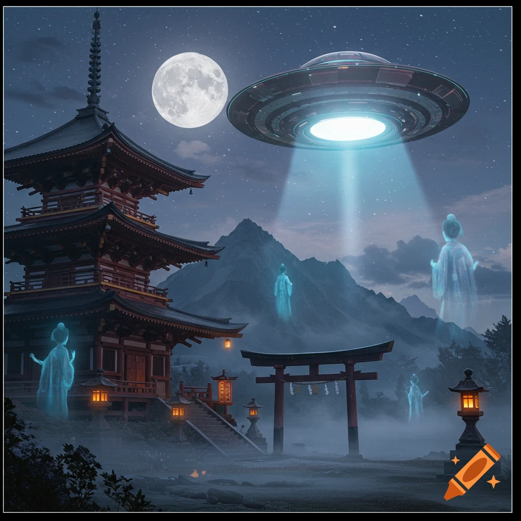 A UFO shines a light over a Japanese temple and torii gate at night, with a full moon, misty mountains, and ethereal ghostly figures.