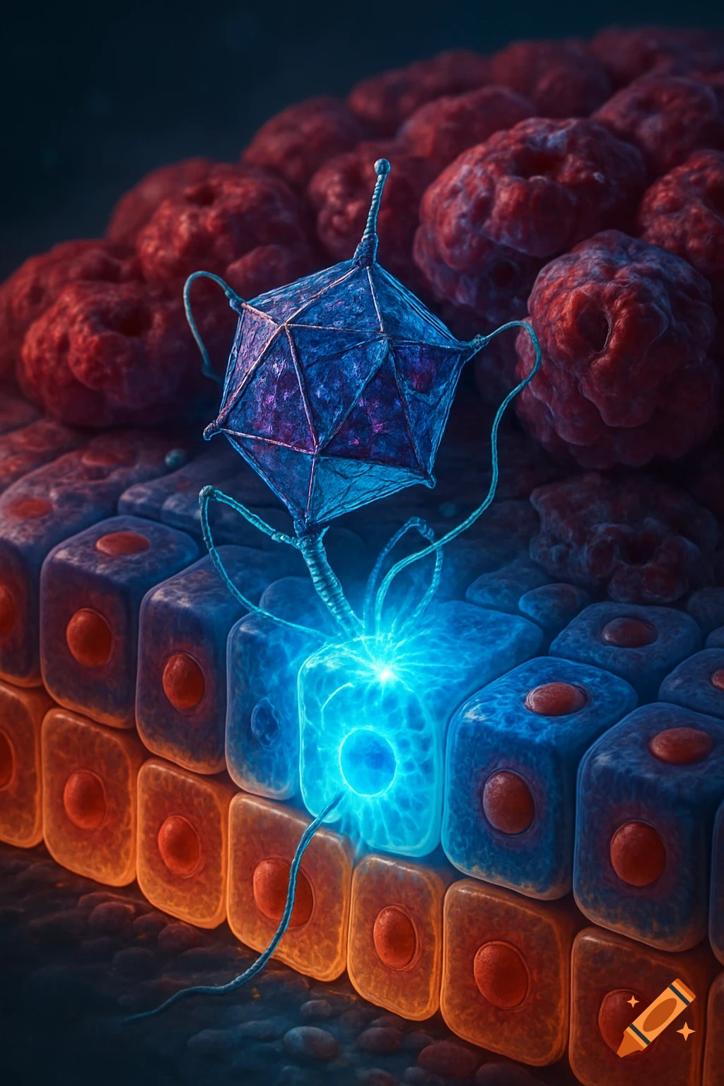Microscopic view of a blue virus infecting a glowing blue cell, surrounded by rows of blue, orange, and red cells.