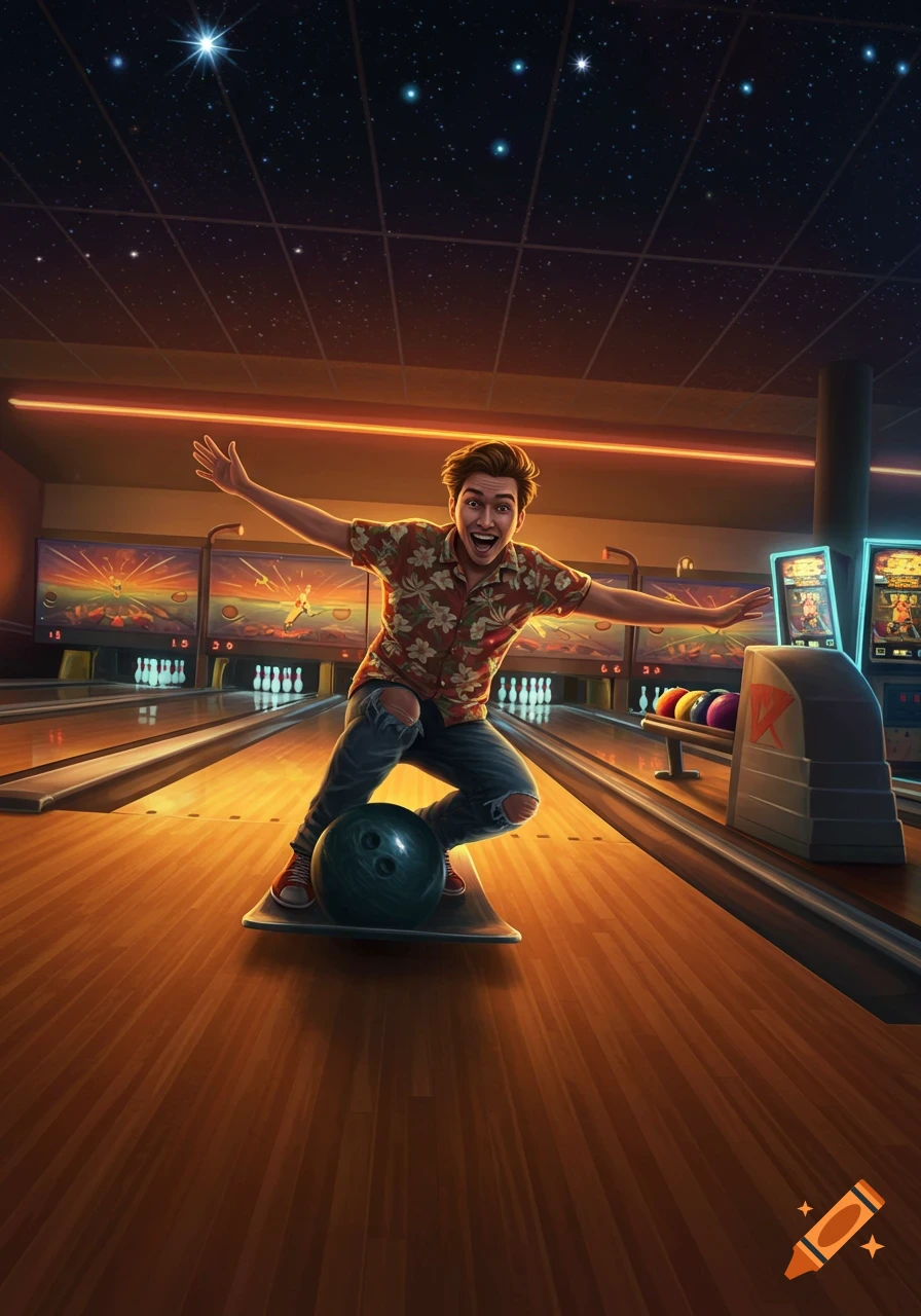 A man in a Hawaiian shirt and ripped jeans slides with a bowling ball on a lane, cheering excitedly in a retro-futuristic bowling alley with a starry ceiling.