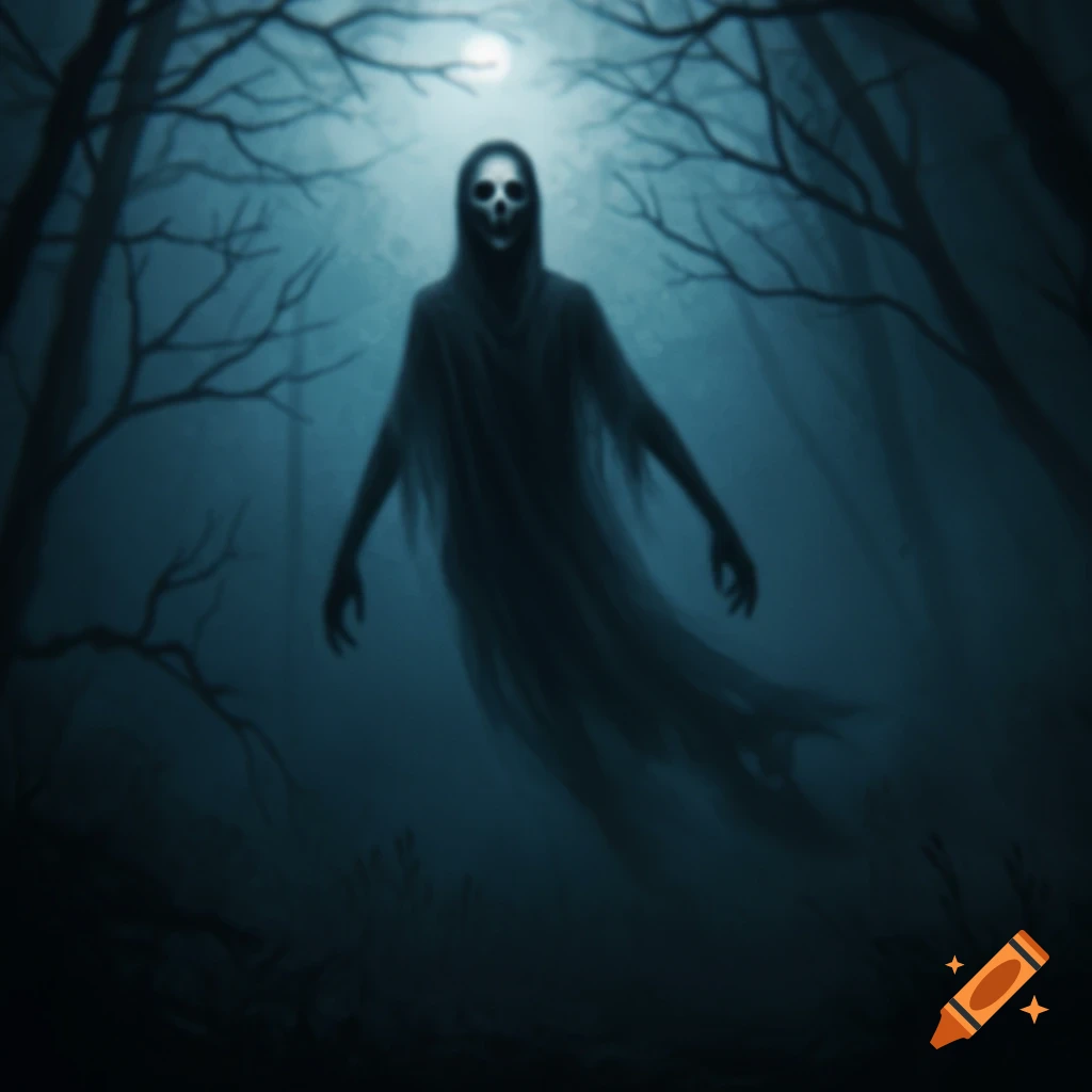 A blurry, ghostly figure with a skull face floats in a dark, misty forest under a faint moon.