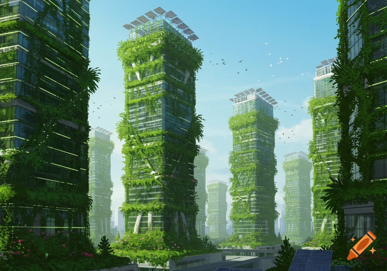 A futuristic cityscape with tall green buildings covered in plants, topped with solar panels, under a blue sky with birds.