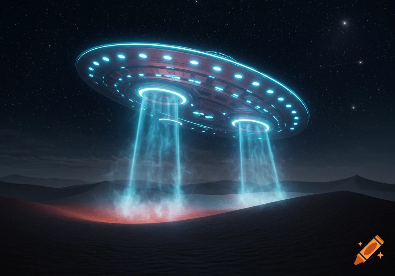A red and blue glowing UFO hovers over a dark, sandy desert landscape under a starry night sky, with blue light beams.