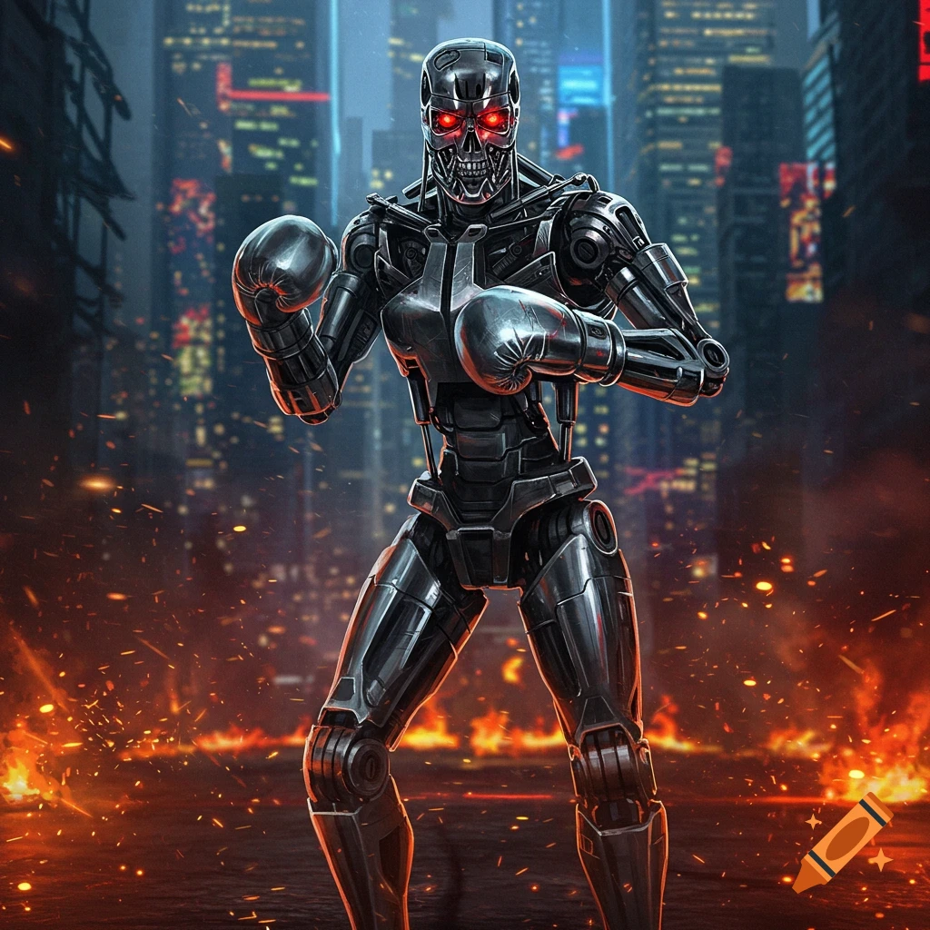A formidable Terminator-like robot wearing boxing gloves stands in a fiery futuristic city street at night, red eyes glowing.