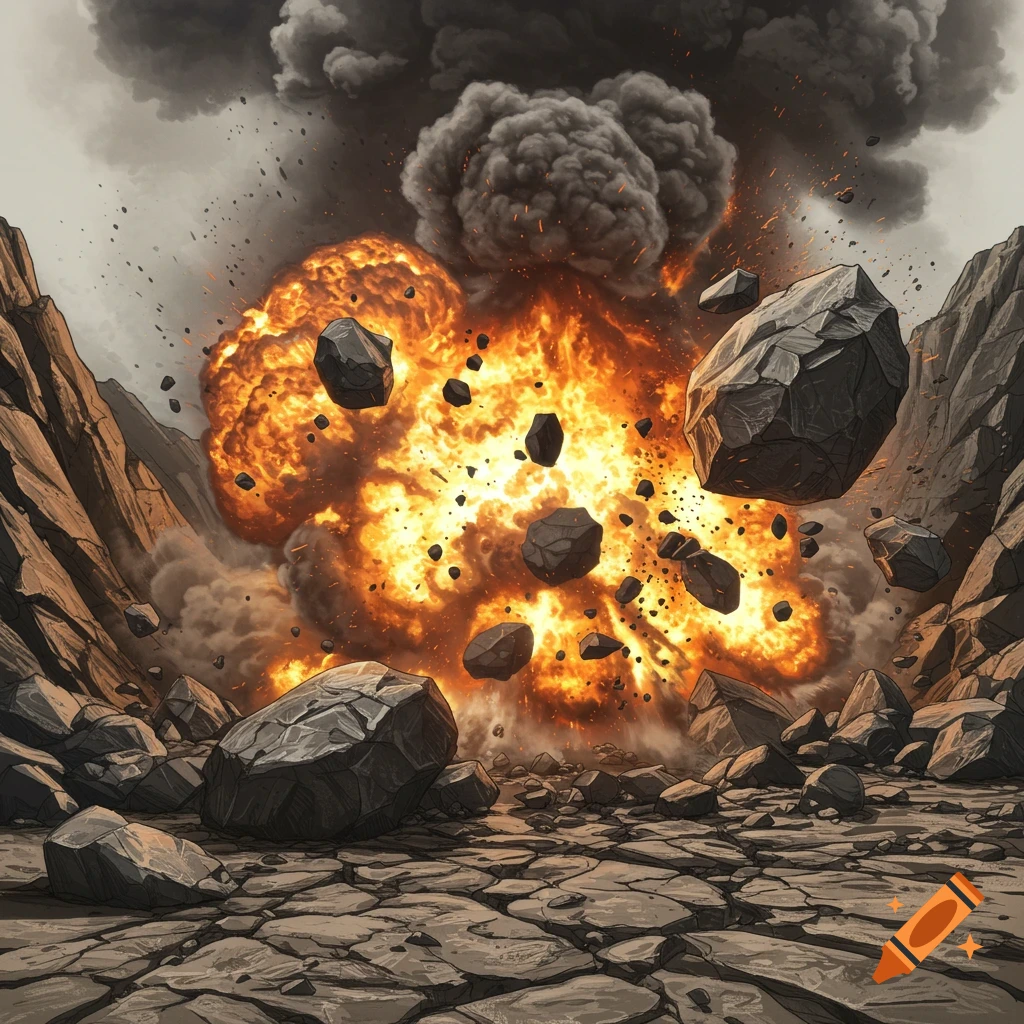 Stylized illustration of a large explosion with orange flames, dark smoke, and rocks flying amidst a rocky landscape.