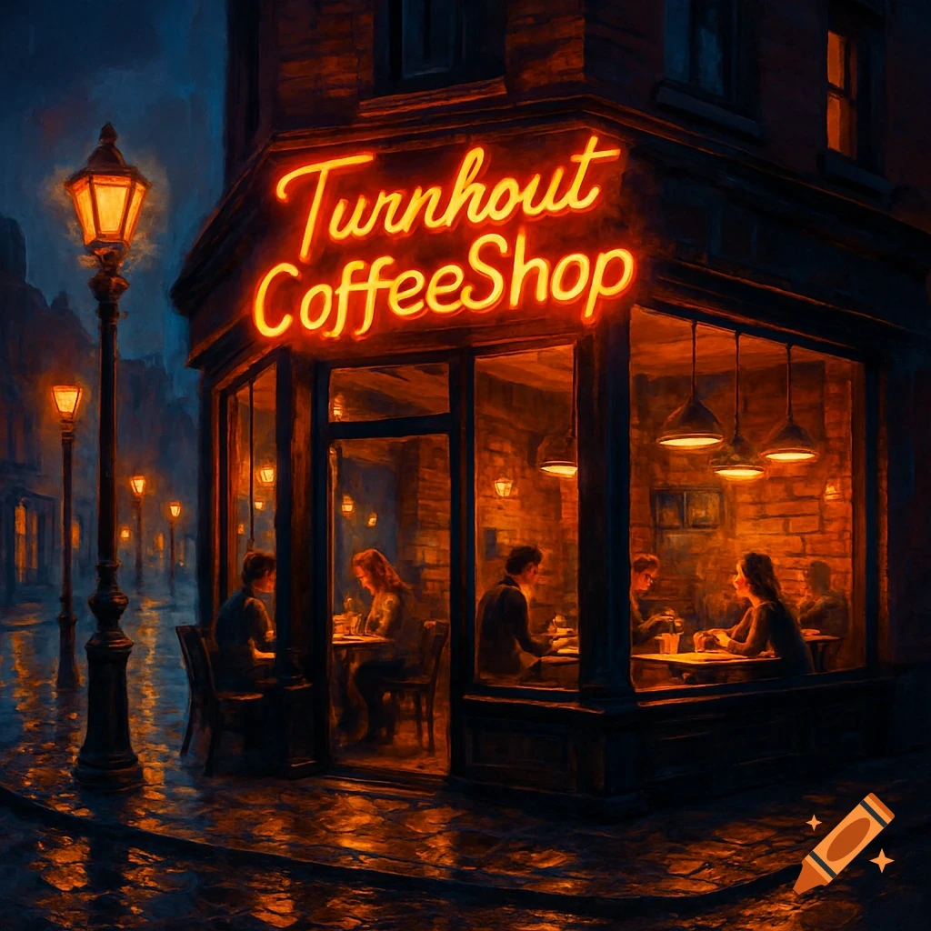 A painterly depiction of a coffee shop at night with a bright neon sign reading "Turnhout CoffeeShop," people inside, and wet streets reflecting light.