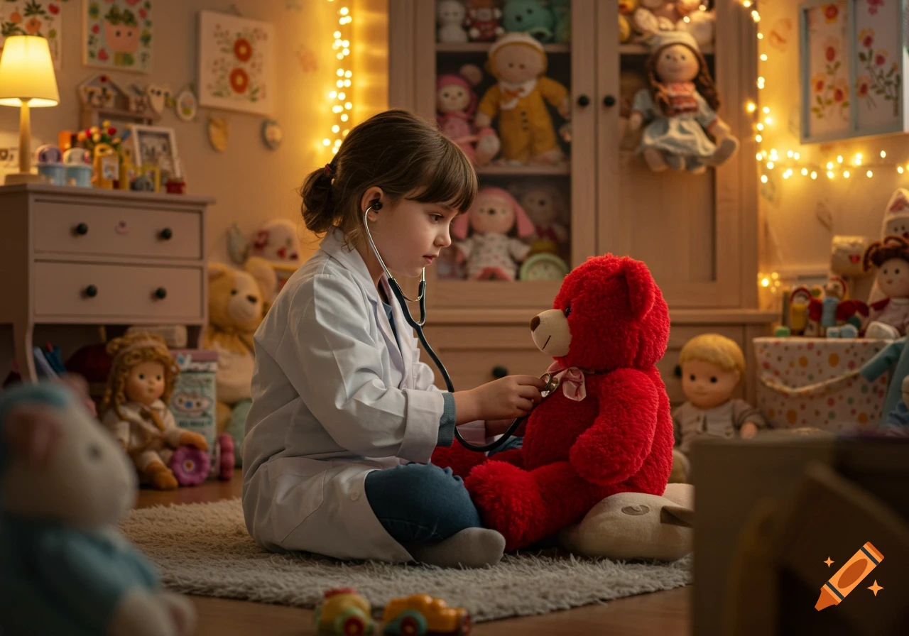A young girl in a doctor's coat uses a stethoscope on a red teddy bear, sitting on a rug in a toy-filled room.