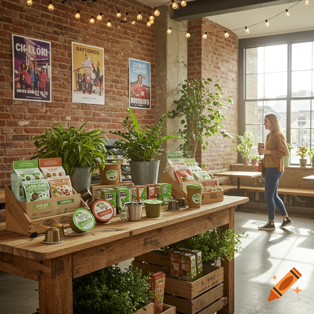 Interior of a rustic coffee shop with a wooden table displaying eco-friendly coffee pods and plants, a woman walks by a large window.