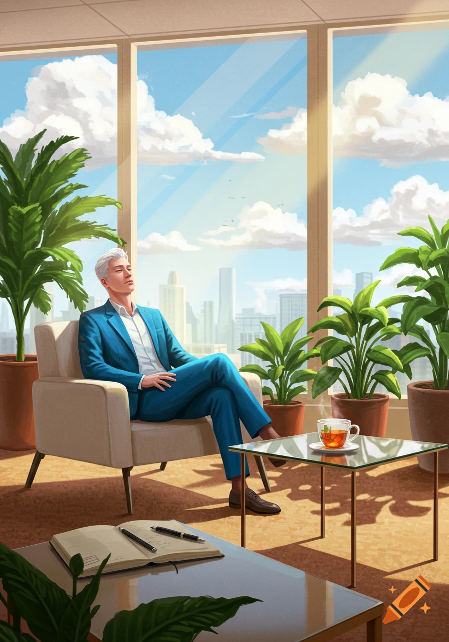 An illustration of a man in a blue suit relaxing in an armchair by a window with a city view and plants.