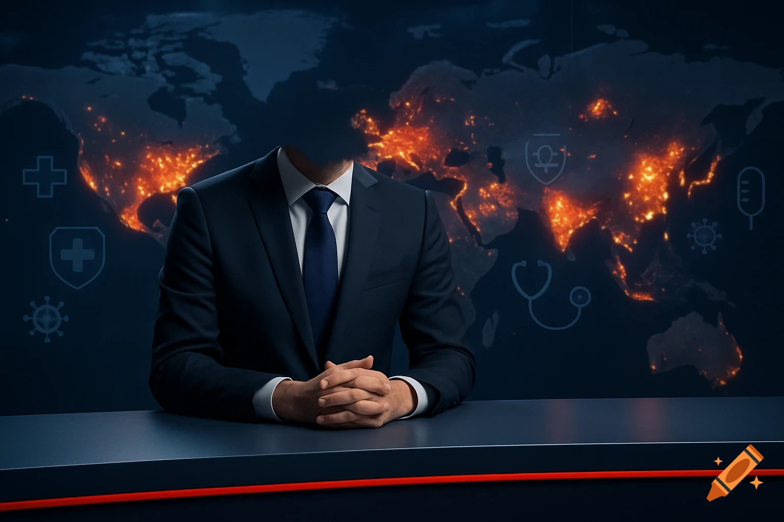Photorealistic image of a headless news anchor in a suit behind a desk, with a world map showing glowing red hotspots and medical icons in the background.