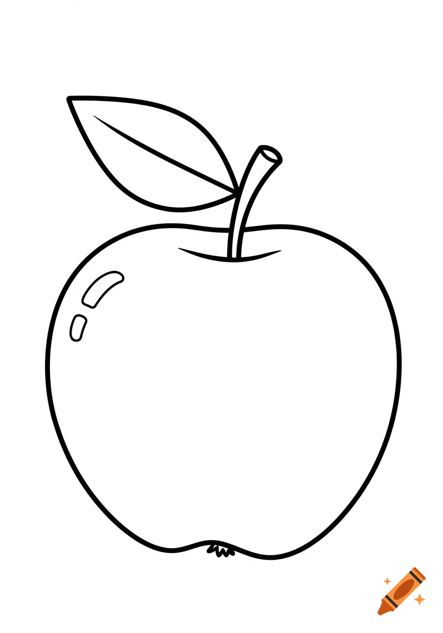 A simple black and white line drawing of an apple with a leaf and stem, outlined for coloring.