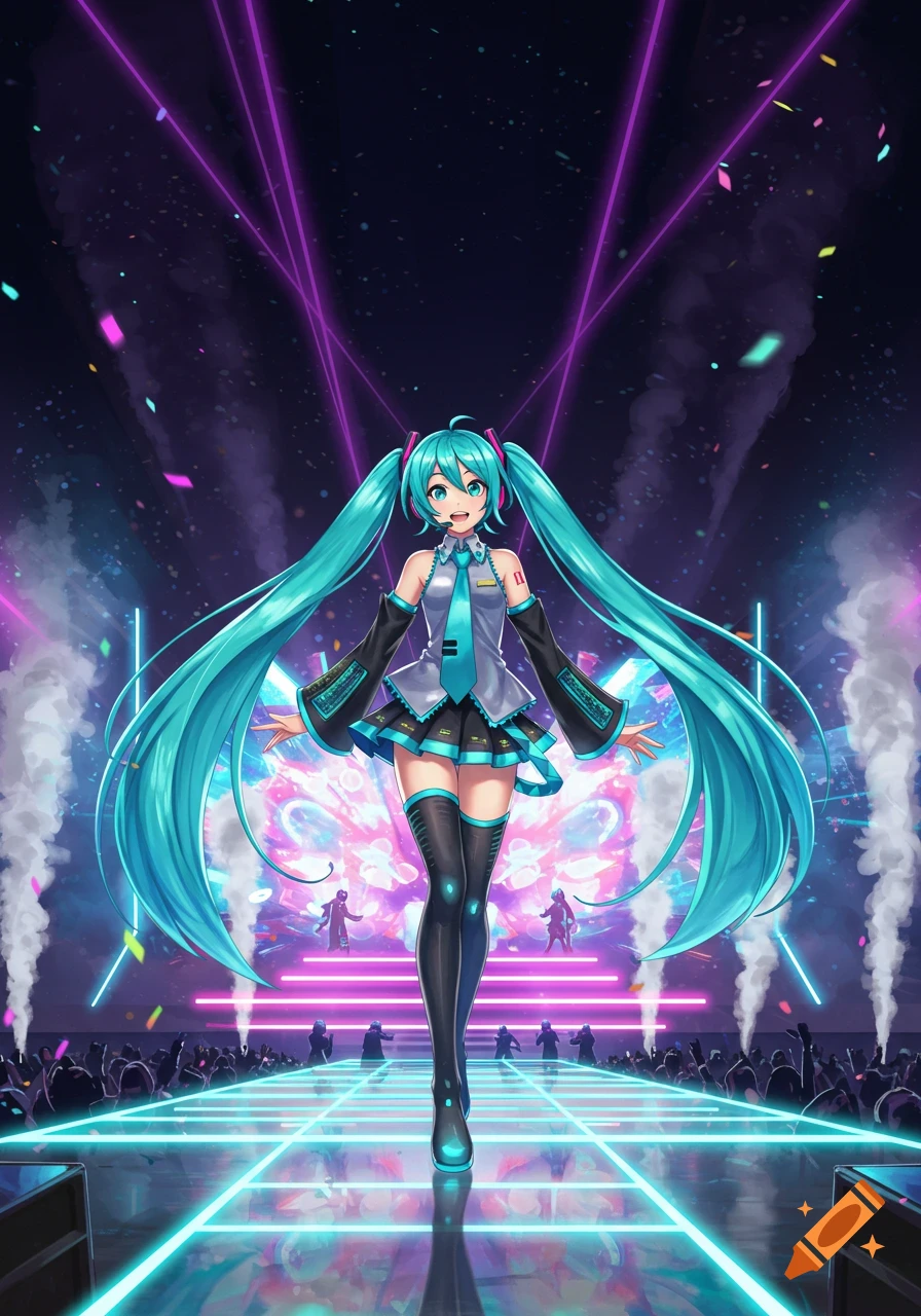 Hatsune Miku, an anime character, on a neon-lit stage with spotlights, smoke, and a crowd.