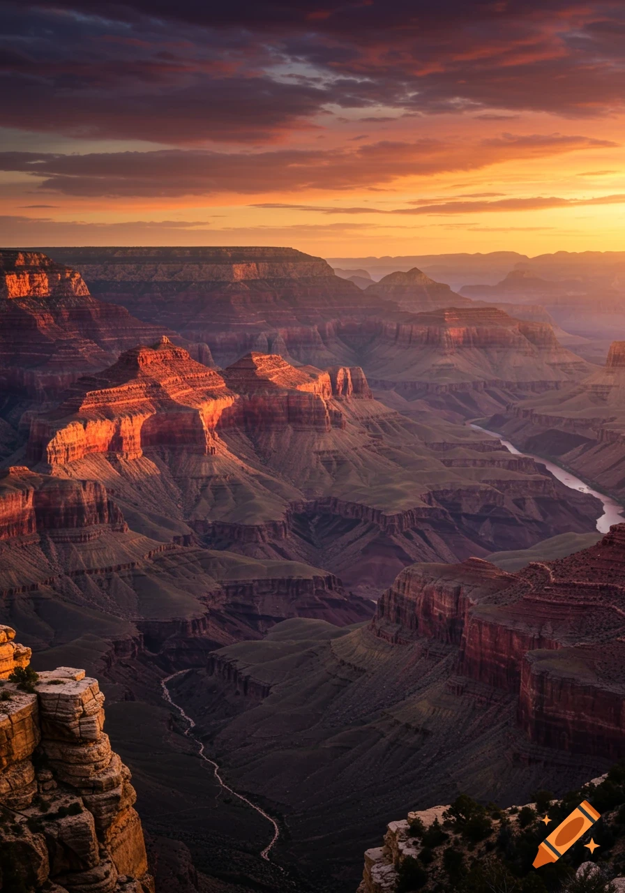 Photorealistic image of the Grand Canyon at sunset, with orange light illuminating the layered rock formations and a river winding below.