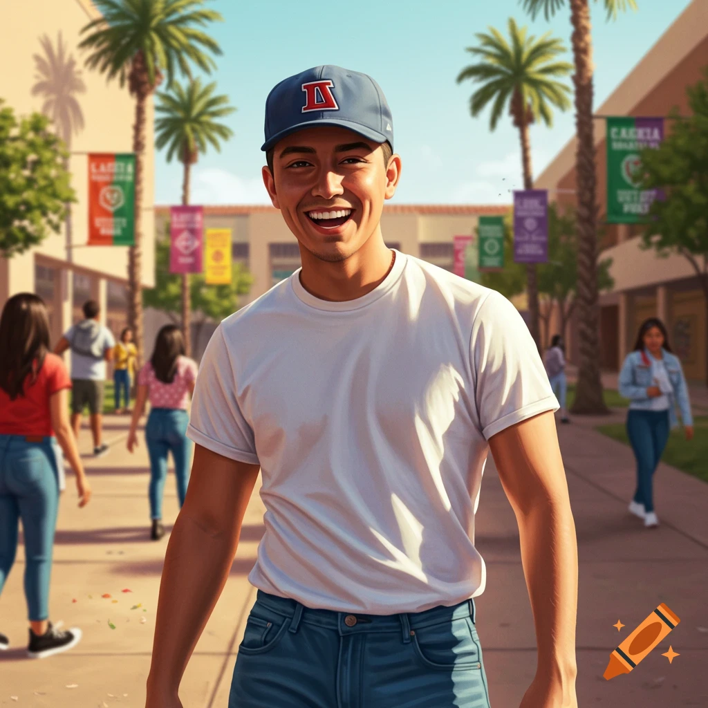 A smiling young man in a white t-shirt, jeans, and a backward baseball cap walks on a sunny, palm-lined campus path.