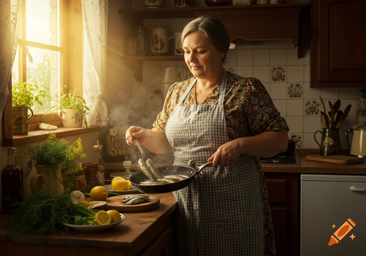 A woman in an apron cooks fish in a frying pan in a rustic kitchen, with sunlight streaming through a window.