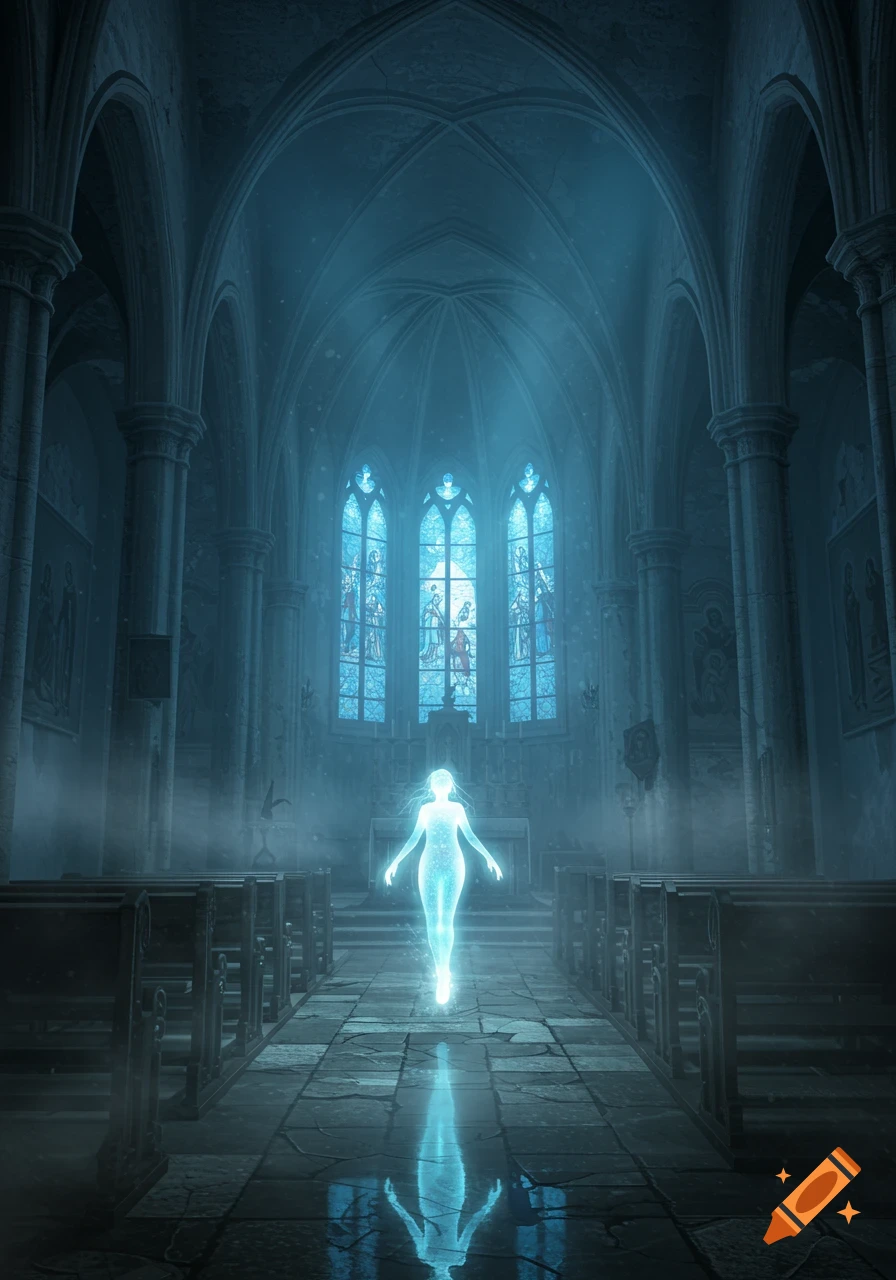 A glowing blue spirit floats down the aisle of a dark, gothic church with illuminated stained glass windows and a reflective floor.