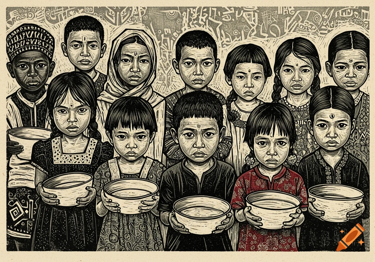A linocut illustration of ten solemn children from diverse backgrounds holding empty bowls, depicting hardship.