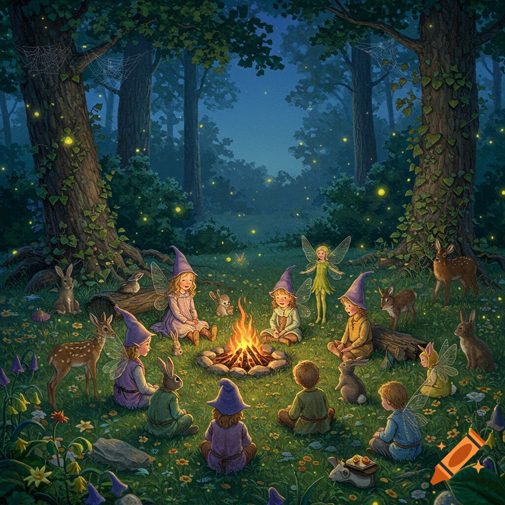 Whimsical illustration of gnomes, fairies, rabbits, and deer gathered around a campfire in a magical, moonlit forest.
