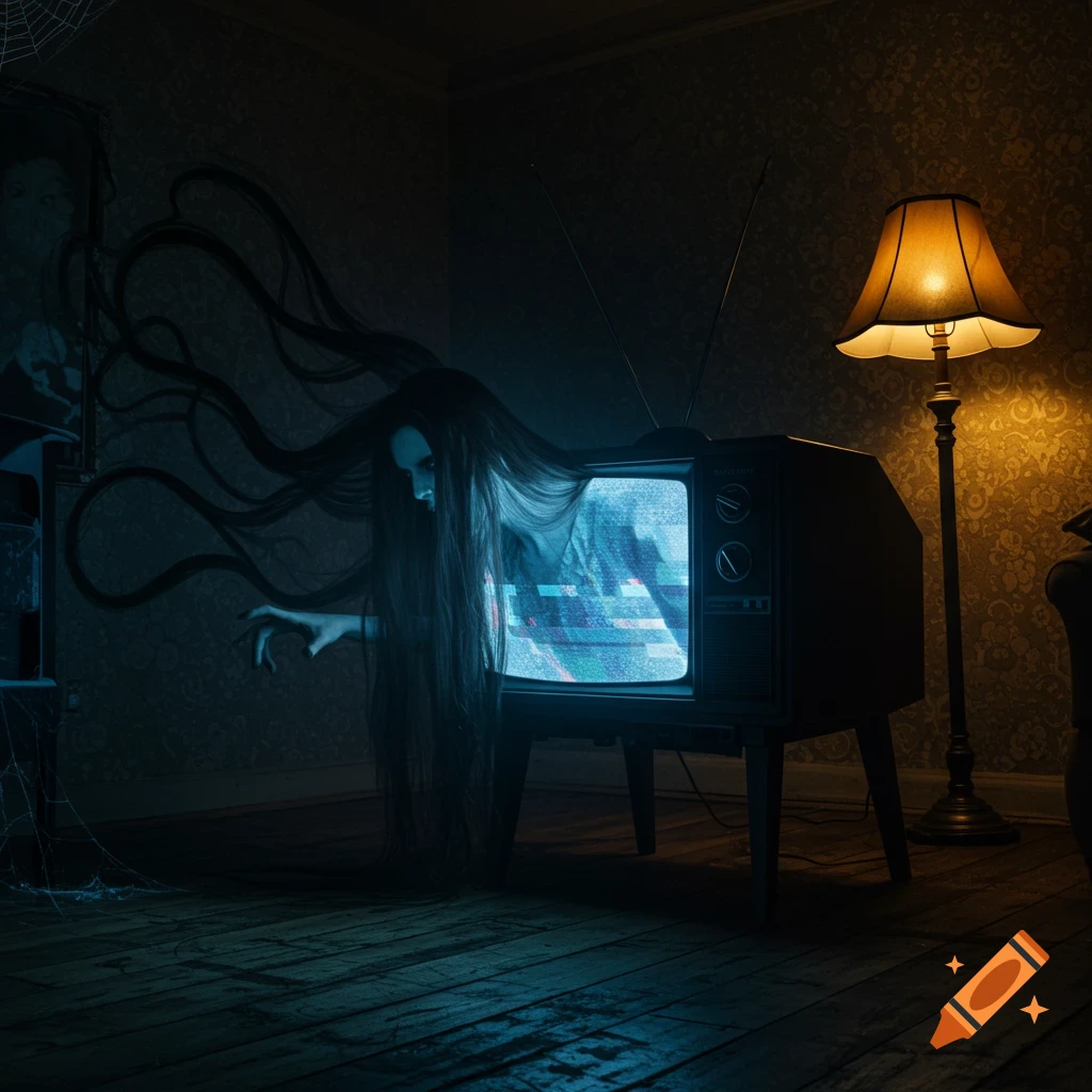 A creepy female figure with long black hair emerges from a static-filled old television in a dark, dimly lit room, reaching out.