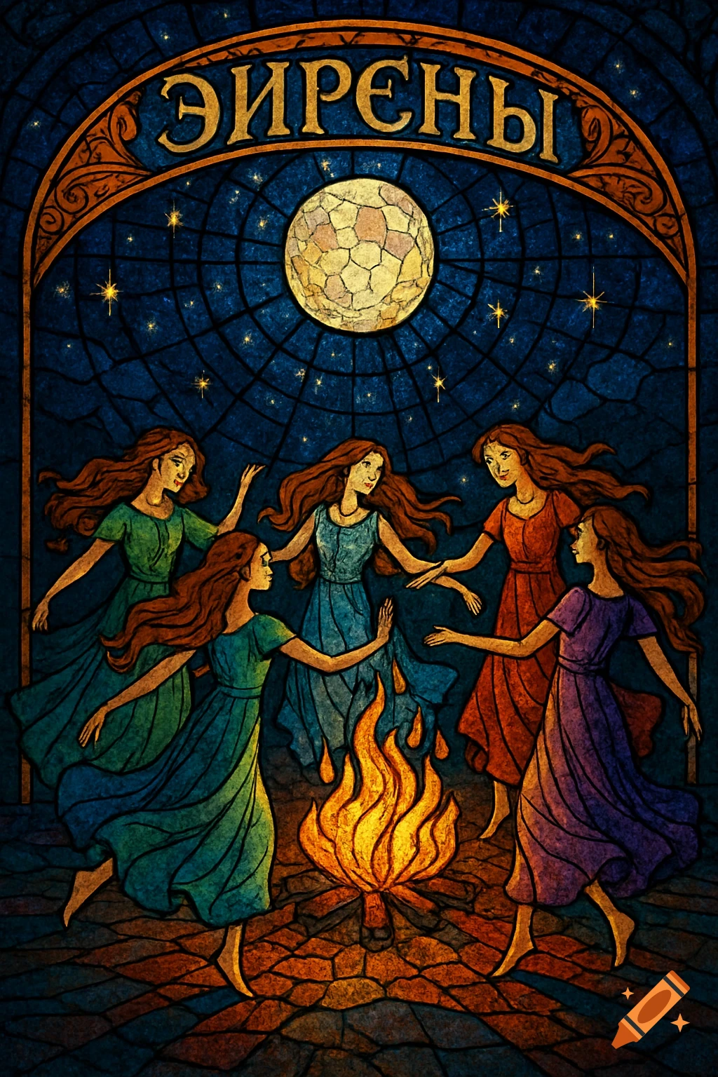 Stained-glass mosaic of five women dancing around a campfire at night under a full moon and stars, with a title arch.