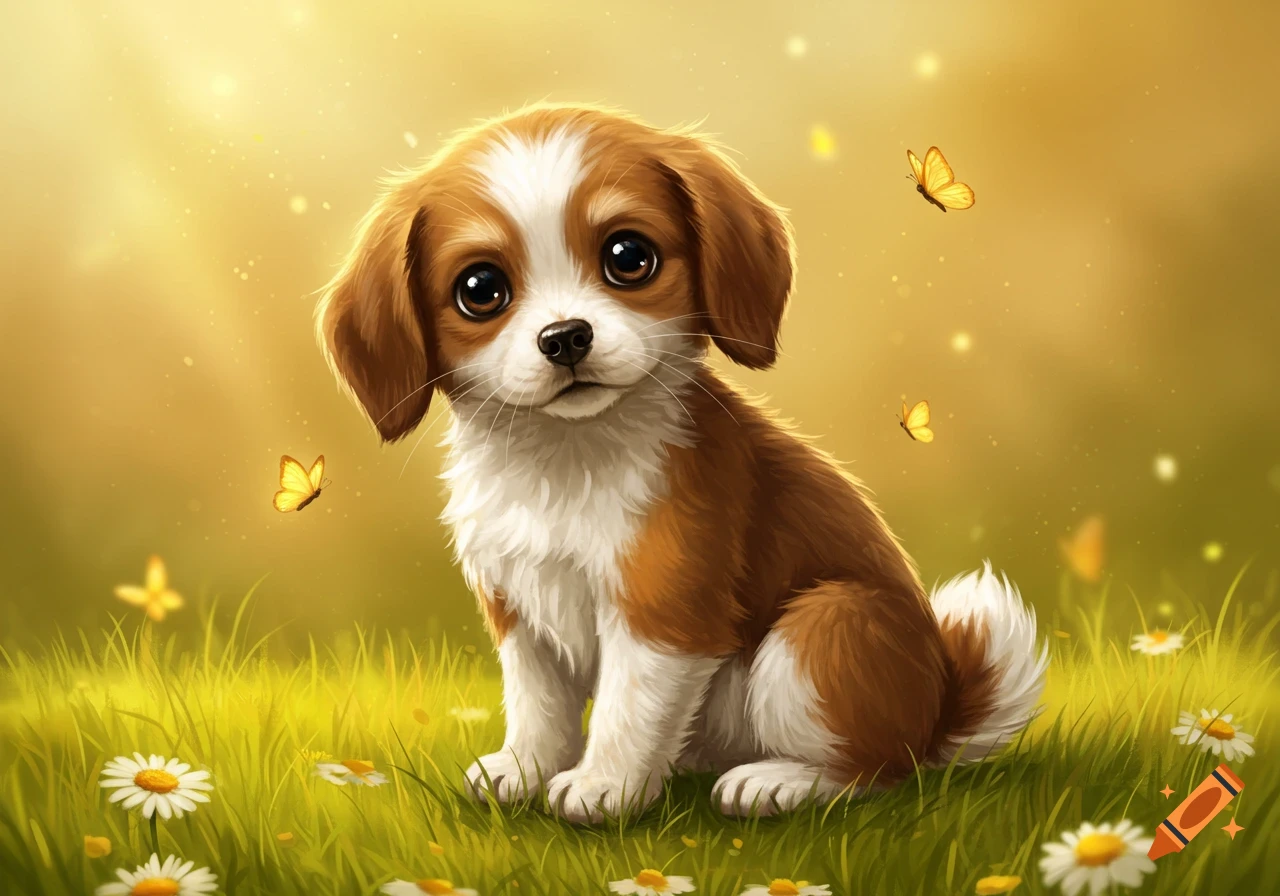 A cute cartoon puppy with big eyes and brown and white fur sits in a sunny field with white daisies and yellow butterflies.