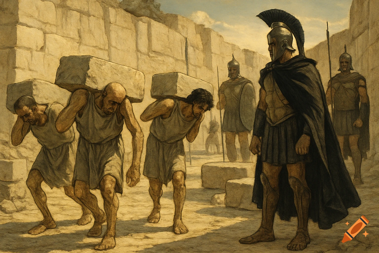 Ancient Greek slaves carrying heavy stone blocks in a quarry, overseen by Spartan guards in an illustration style.