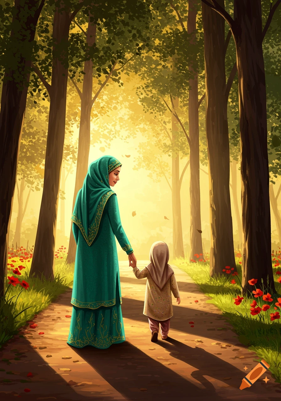 A woman in a teal hijab and dress holds hands with a small child, walking away into a sunlit forest path with red flowers.
