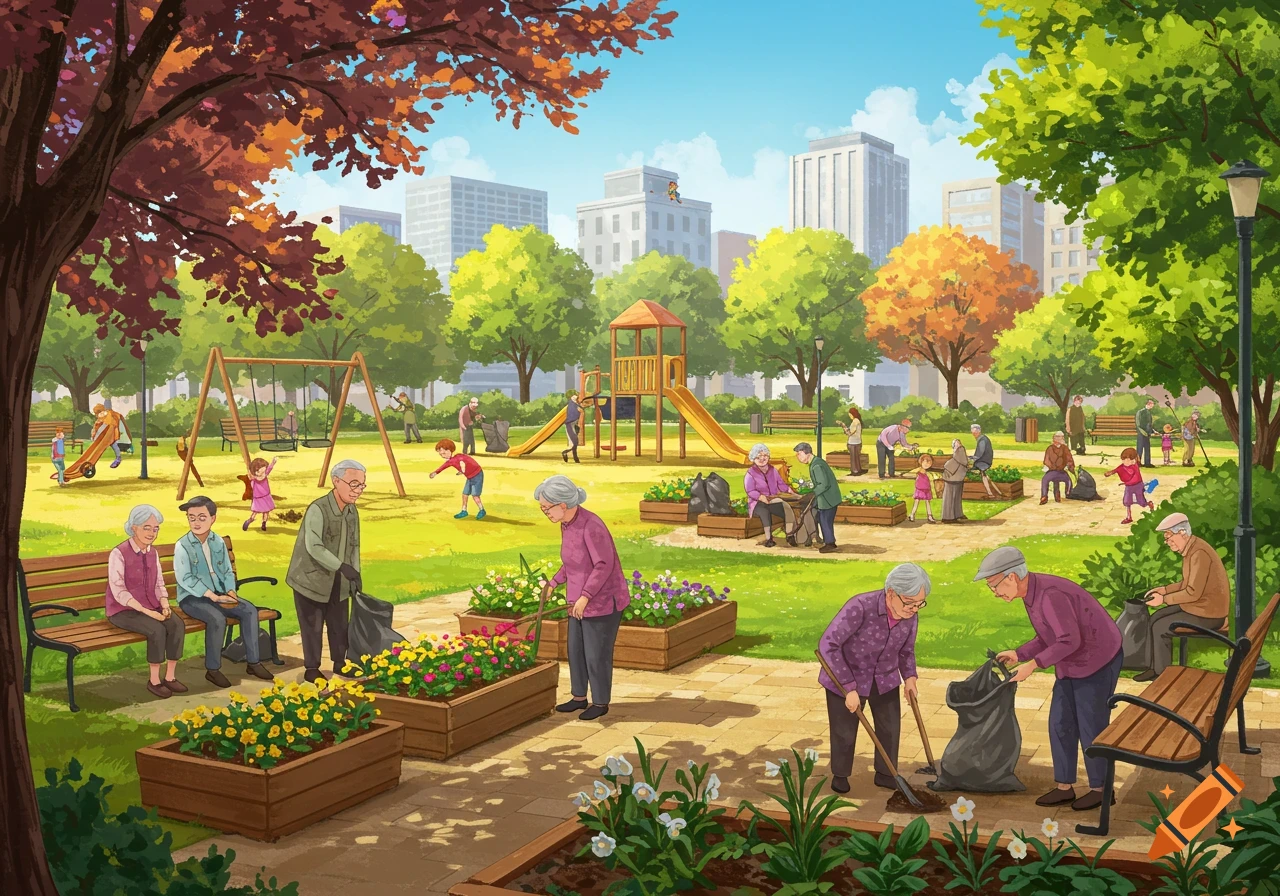 A vibrant illustration of a city park on a sunny day with elderly people gardening and cleaning, and children playing.