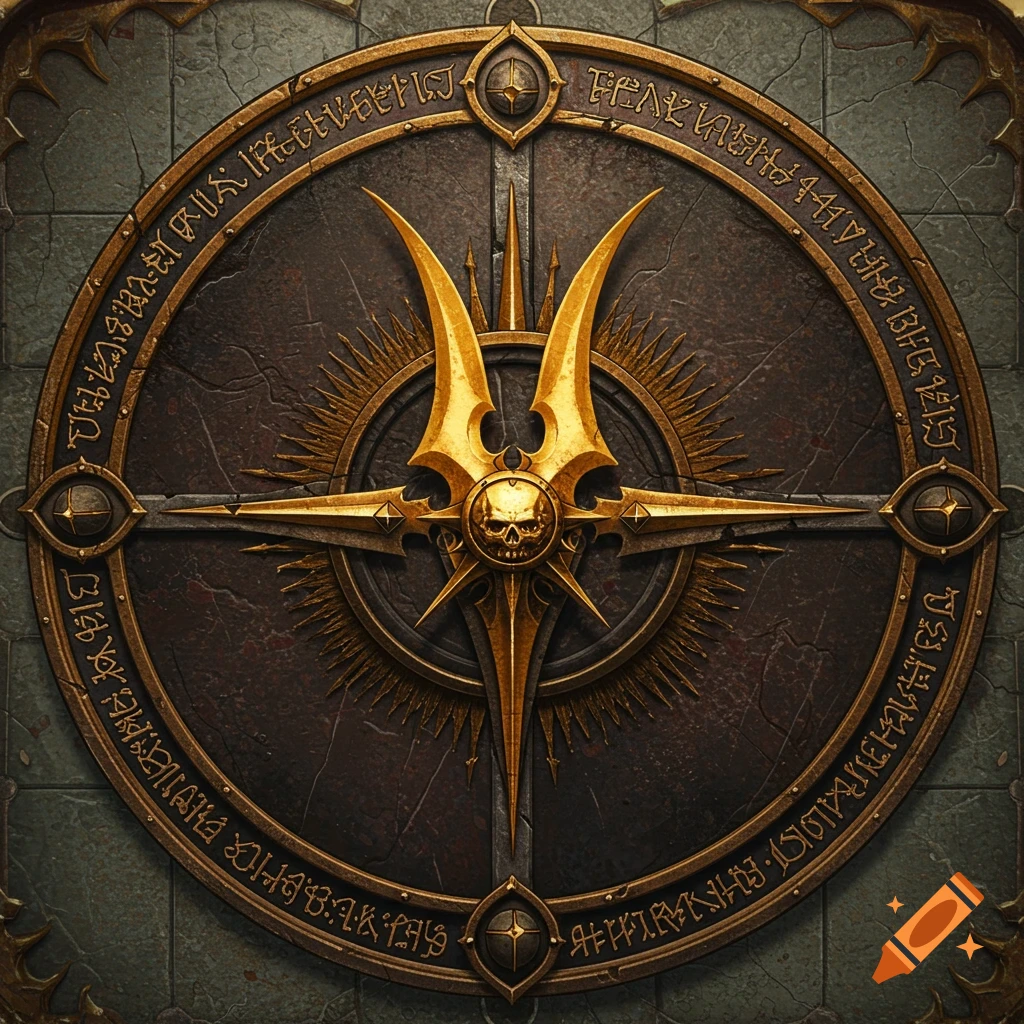 An ornate gothic fantasy icon with a golden skull and spikes at its center, surrounded by a ring of illegible script on a dark, textured background.