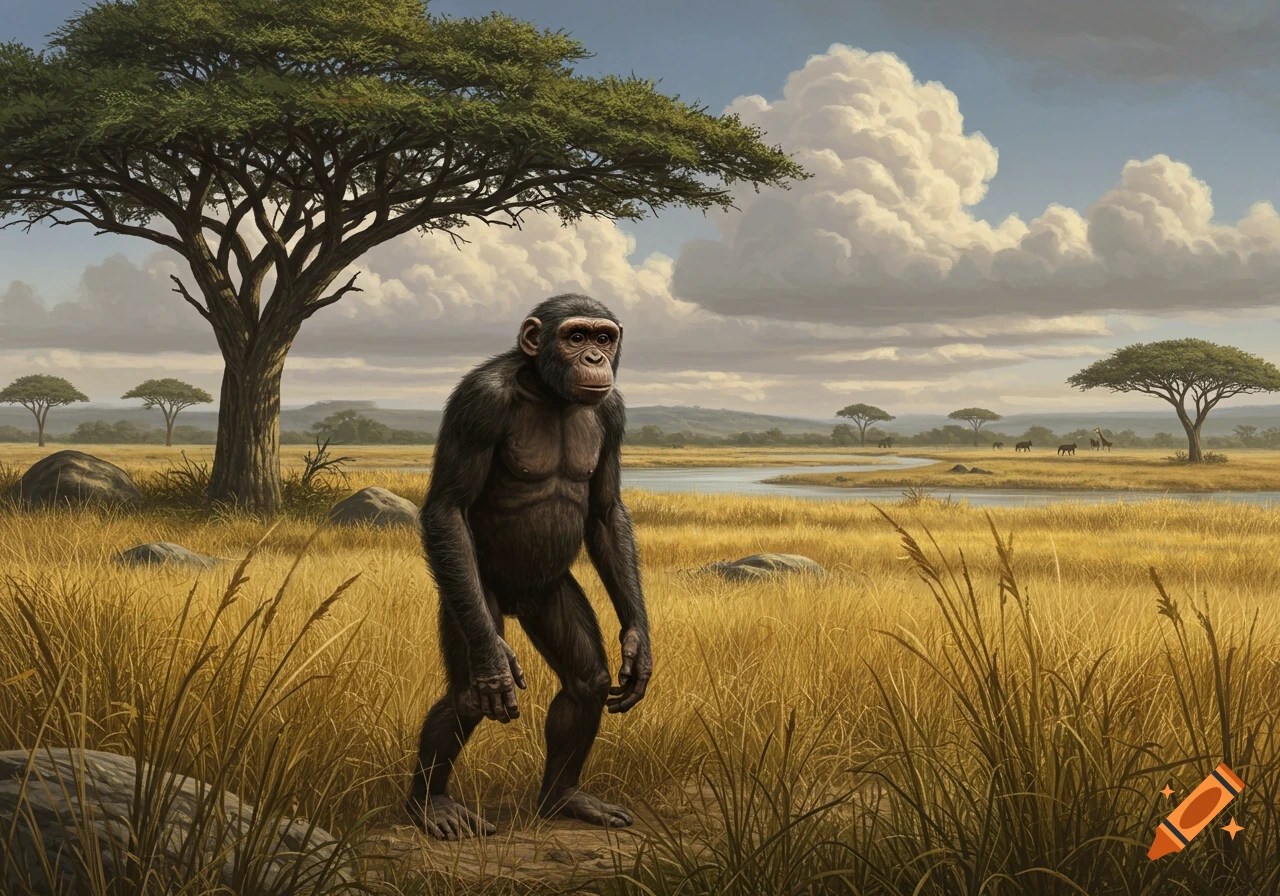 A dark-furred ape-like creature with human-like posture stands in a golden grassy savannah with trees, a river, and a cloudy sky.