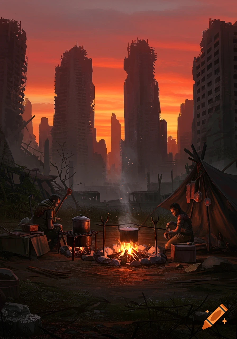 A digital painting of two figures cooking over a campfire in the ruins of a city at sunset.
