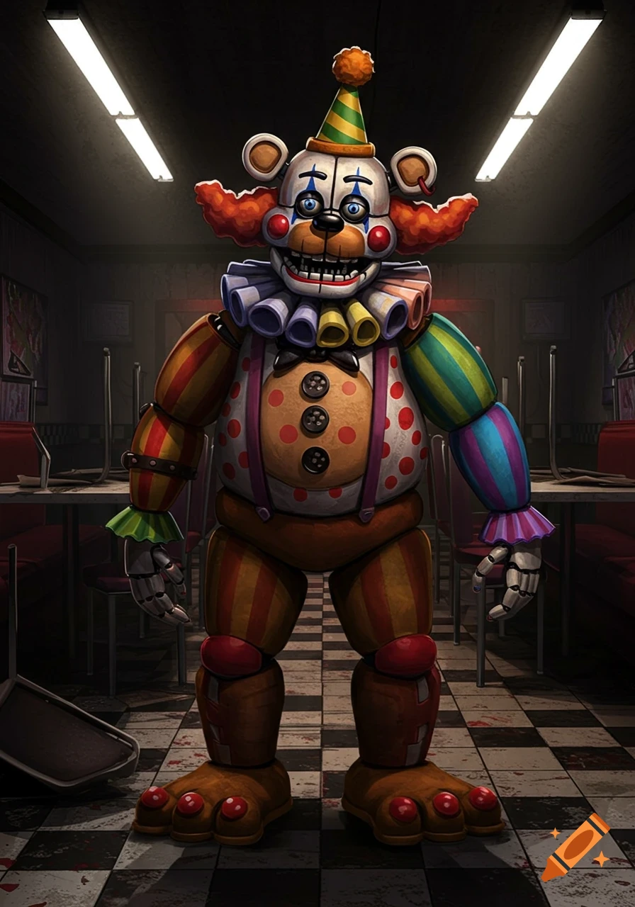 A cartoonish animatronic bear in a goofy colorful clown costume stands in a dimly lit, empty diner.