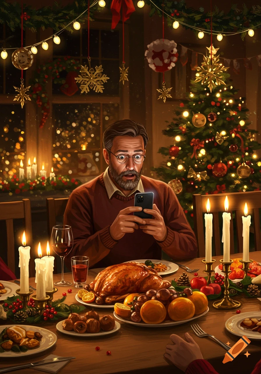 A man with glasses and a beard at a festive Christmas dinner table looks shocked at his smartphone, surrounded by glowing candles and a decorated tree.
