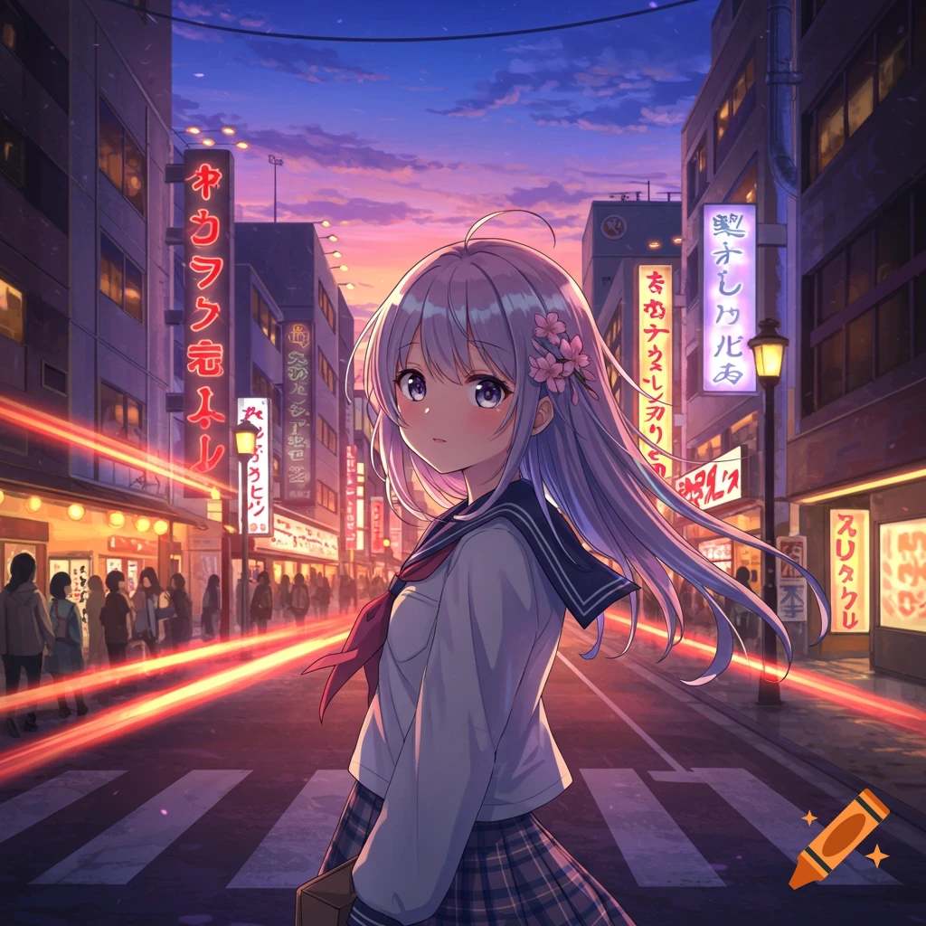 Anime girl with lavender hair in a school uniform stands on a crosswalk ...