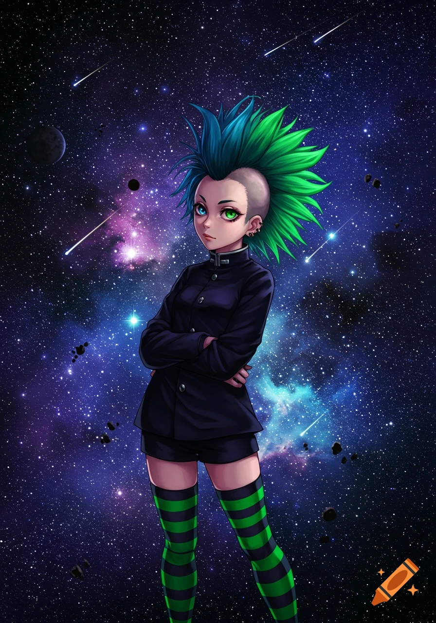 A punk anime girl with green and blue spiky hair, heterochromia, black uniform, shorts, and striped socks stands in space.