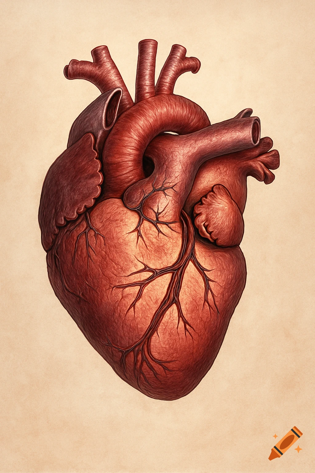 Detailed anatomical illustration of a human heart with veins and arteries on a beige background.