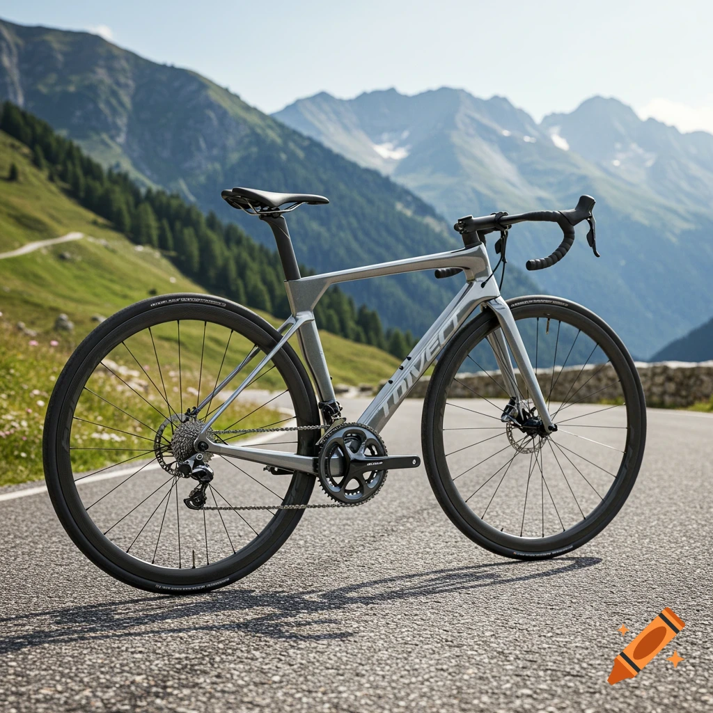 A sleek gray racing bicycle parked on an asphalt mountain road with lush green slopes and distant peaks under a clear sky.