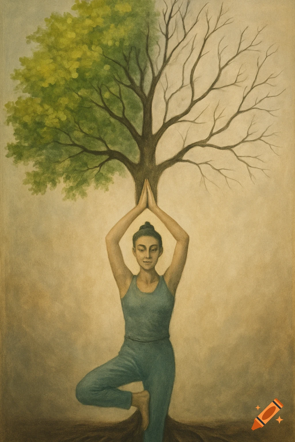 Painting of a person in a yoga tree pose, with hands forming a trunk for a tree that is half green, half bare, with roots below.