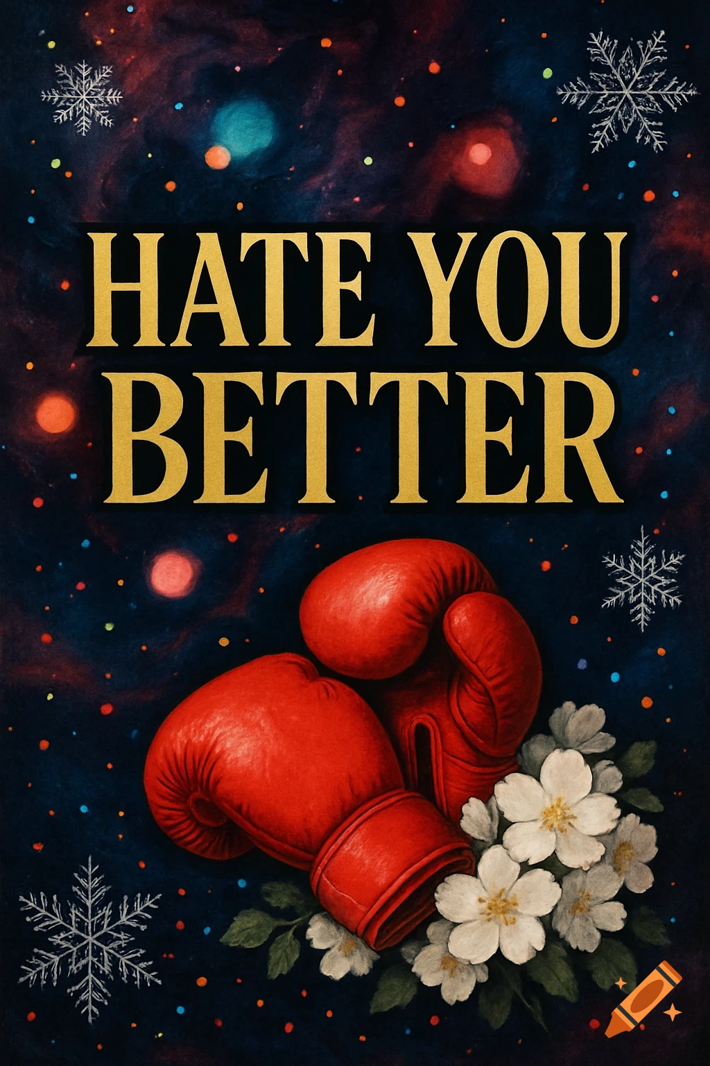 Gold text "HATE YOU BETTER" on a dark cosmic background with colorful orbs, flanked by red boxing gloves, white flowers, and snowflakes.